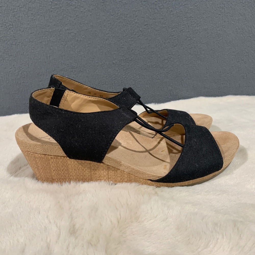 Abella True Comfort Womens Size 6.5 Black Wedge Sandals Shoes Casual Comfortable